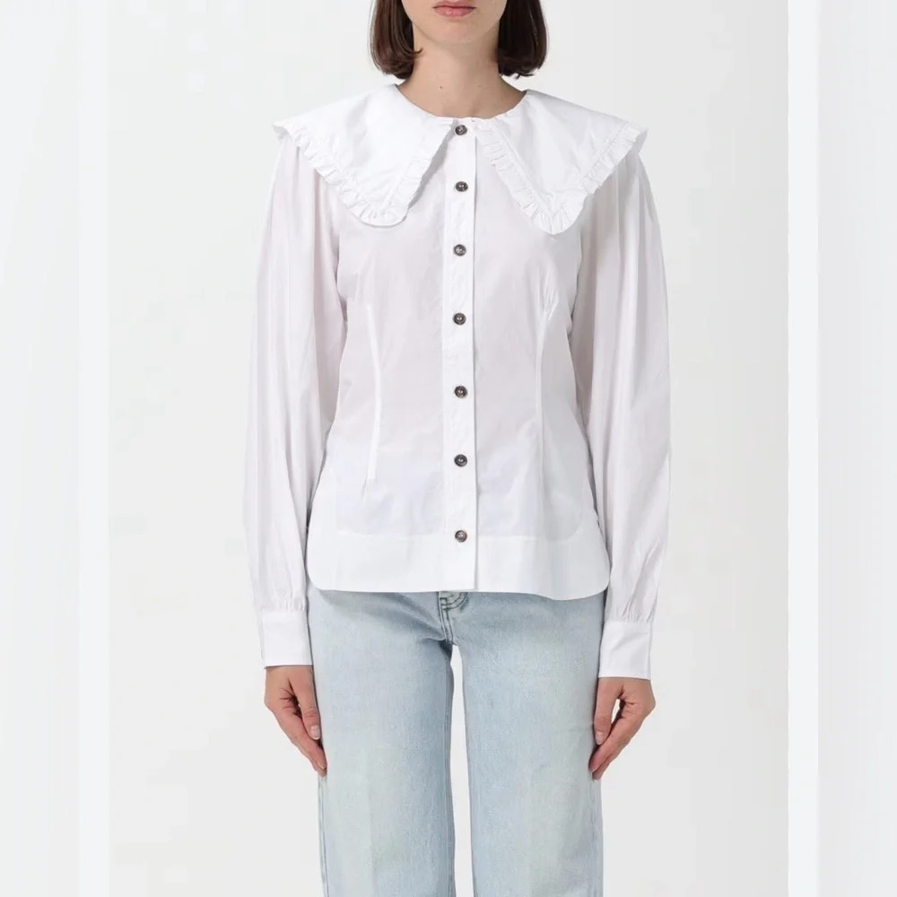 NWT GANNI Cotton Poplin Pilgrim Collar Top, Size EU 44 US 12/XL